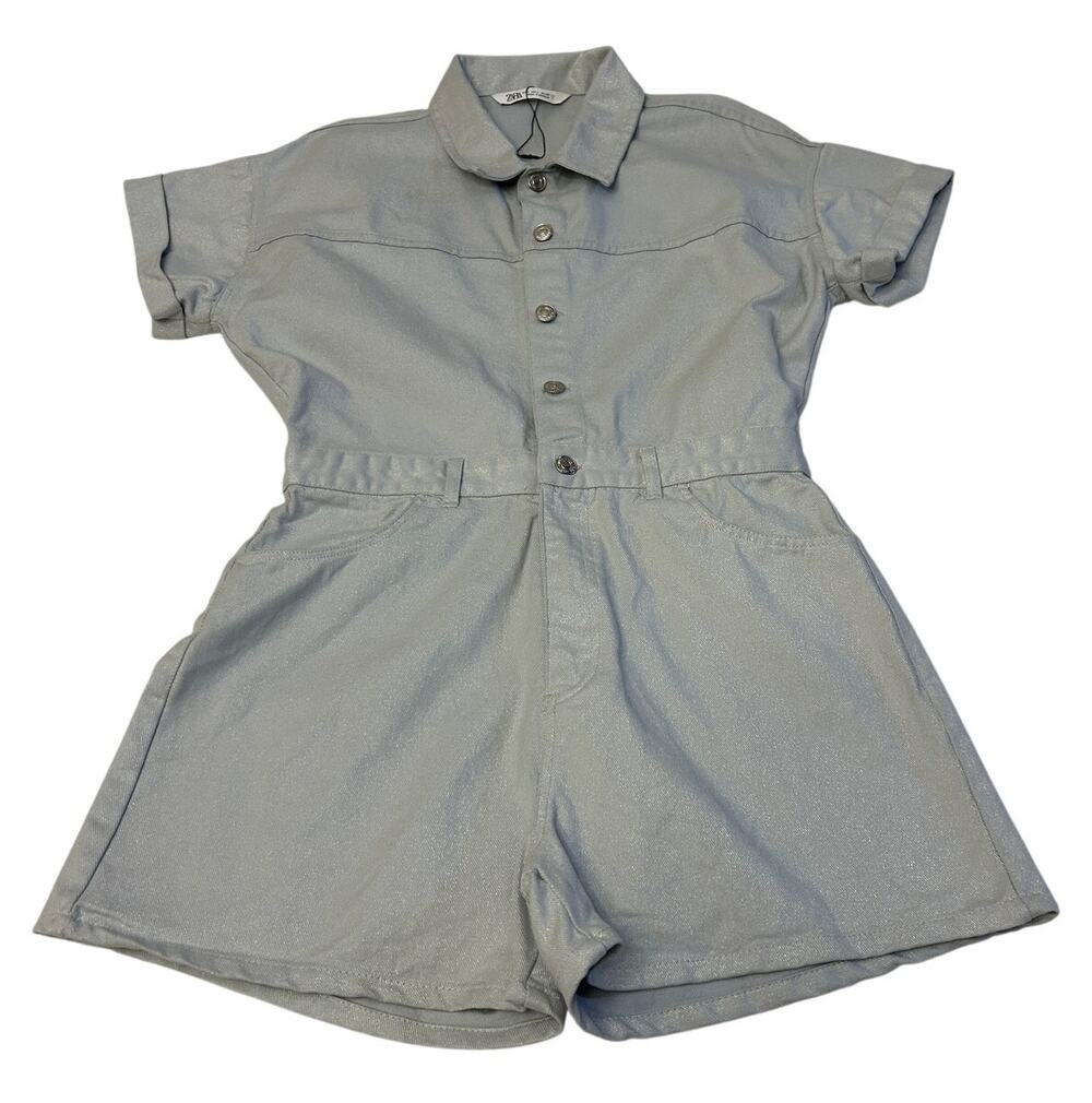 Zara Women's Denim Romper Sz L Gray Short Sleeve Sparkly Utility Y2K NWOT